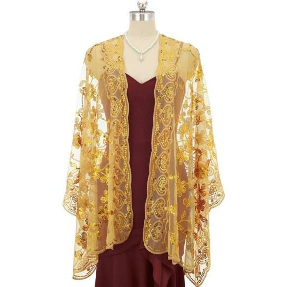 Gold Sequin Glitter Lace Bridal Shawls Wraps Scarves Formal Evening Dress Scarf… - Picture 3 of 6